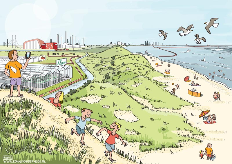 Visualisatie in vogelvlucht hernieuwbare energie biomassa en groen gas. Ronald van der Heide is illustrator, striptekenaar en live tekenaar (sneltekenaar). Complexe thema’s en informatie vat hij in heldere tekeningen, cartoons, een visueel verslag, strips en infographics. 