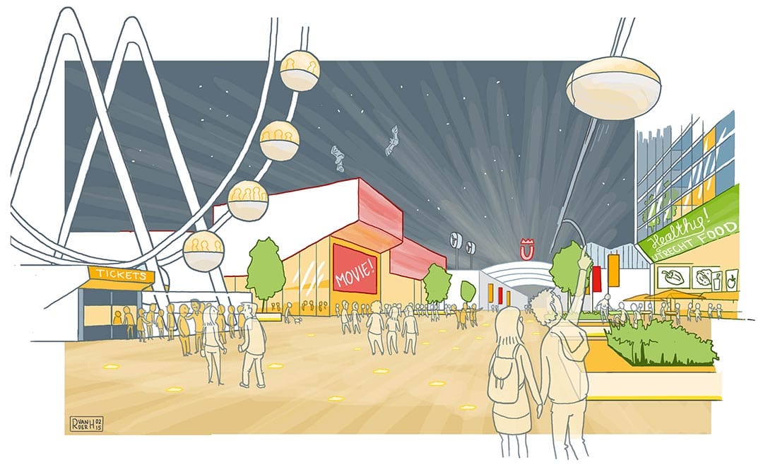 toekomstvisie stationsgebied impressie jaarbeurs avond A Healthy Urban Boost overzicht visualisatie stedenbouw stad duurzame stad circulaire economie stationsgebied illustrator tekenaar schets