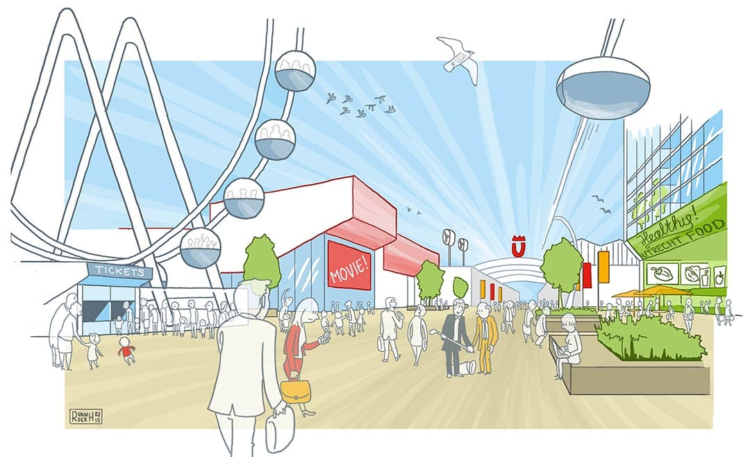 toekomstvisie stationsgebied impressie jaarbeurs dag A Healthy Urban Boost overzicht visualisatie stedenbouw stad duurzame stad circulaire economie stationsgebied illustrator tekenaar schets